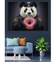 Panda Polis Pembe Donat Yiyor Dekoratif Kanvas - Mdf Ahşap Tablo