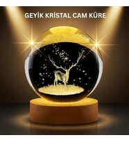 Led Işıklı Geyikli Kristal Küre Ahşap Standlı Modern Dekor Lamba