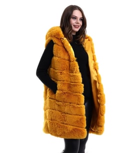 Kapşonlu Peluş Kürk Yelek Premium Kalite, Tam Astarlı, Uzun Model - Sarı