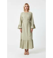 Kadın Müslin Dokuma Maxi Elbise Balon Kol Bisiklet Yaka Eteği Fırfırlı %100 Pamuk Rahat Günlük Şık