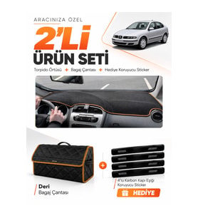 SEAT TOLEDO (2005-2013) Uyumlu Torpido Örtüsü + Deri Bagaj Çantası + Sticker Seti - Siyah Kahverengi