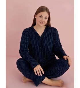 Pijamerry Kadın Büyük Beden Dantel Yaka Bambu Uzun Kol Pijama Takımı 5075 - 1 Adet (Lacivert)