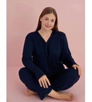 Pijamerry Kadın Büyük Beden Dantel Yaka Bambu Uzun Kol Pijama Takımı 5075 - 1 Adet (Lacivert)