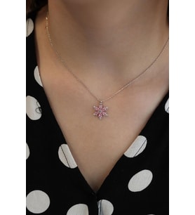 925 Gümüş  Pembe Taşlı Çiçek Kolye