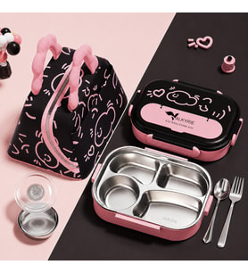 Valkyrie 316 Paslanmaz Çelik Lunch Box Termal Taşıma Çantalı 4 Bölmeli Sızdırmaz Beslenme Kabı BPA İçermez Çatal Kaşık Hediyeli Pembe