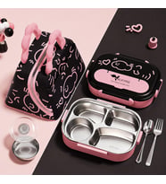Valkyrie 316 Paslanmaz Çelik Lunch Box Termal Taşıma Çantalı 4 Bölmeli Sızdırmaz Beslenme Kabı BPA İçermez Çatal Kaşık Hediyeli Pembe