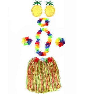 NessiWorld Yetişkin ve Çocuk Uyumlu Luau Aloha Hawaii Rengarenk 40 cm Etek Ananas Şekilli Gözlük Hawaii Kolye Renkli Taç ve 2 Adet Bileklik Seti (Krem)