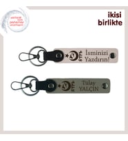 Evlilik Yıldönümü Anlamlı Hediye – Ayyıldız Kurt Göktürk Temalı Deri Anahtarlık Seti, Pudra-Kül Gri