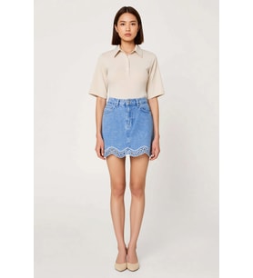 Kadın Mini Denim Etek Brode İşlemeli Detaylı Scallop Kesim %100 Pamuk Konforlu Günlük Rahat Modern