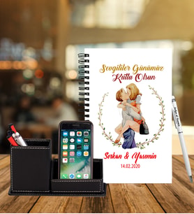 Sevgililer Gününe Özel Ahşap Defter Kalem & Deri Kaplama Kalemlik Hediye Seti 25