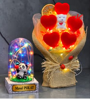 Kişiye Özel Hediye Seti Renkli Led Işıklı Fanus ve Led Işıklı Kalp Buketi (Model 6)