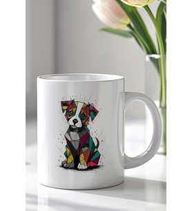 Geometrik Renkli Köpek Desenli 330ml Baskılı Beyaz Seramik Kupa Bardak