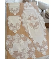Salon Takımı Çeyizlik Krem Runner Set 5 Parça Keten Masa Örtüsü Runneri Lüx Evita