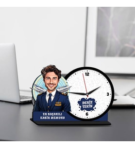 Erkek Kabin Memuruna Hediye Karikatürlü MDF Masa Saati