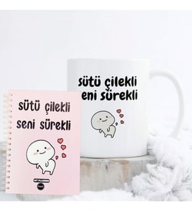 Sütü Çilekli Seni Sürekli Tasarımlı Konuşan Ajanda ve Kupa Bardak