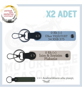 Motorcu Tarzına Özel İsim Plaka ve 0 Rh (+) Kan Grubu Yazılı Hediyelik x2 Anahtarlık, Pudra-Mavi-Ysl (Çok Renkli)