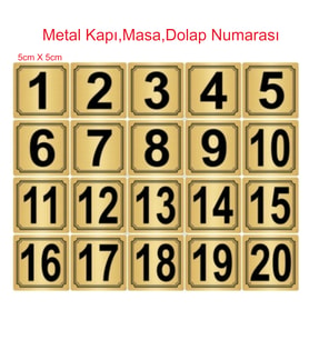 Metal Kapı,Masa,Dolap Numarası 5cmx5cm 20 Adet (1..20) Altın Renk Metal 001