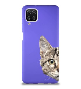 Samsung Galaxy A12 Soft Premier Kapak Catface Tasarımlı Silikon Kılıf - Mor (Şeffaf)