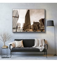 Gümüş Renk Metal Çerçeveli Tamperli Cam Tablo New York Flatiron Binası Şehir Mimari Tablo Duvar Dekoru
