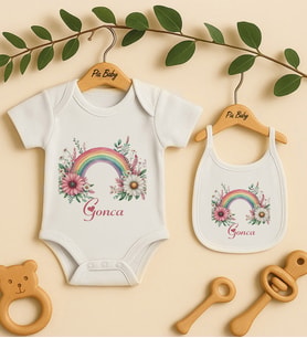 Pia Baby Premium %100 Pamuk İsme Özel Organik Baskılı Çıtçıtlı Bebek Body Ve Önlük 5054-20 (Ekru)