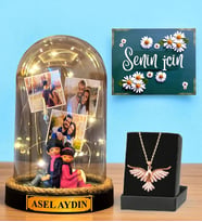Premium Set - Kişiye Özel Led Işıklı Fanus ve Zümrüdü Anka Kuşu Kolyesi (Model 8)