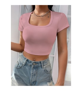 Kadın Kare & Havuz Yaka Crop T-shirt ,Likralı Fitilli Kaşkorse Kumaş