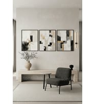 Nötr Tonlarda Modern Soyut Geometrik Sanat 3’lü Ahşap Çerçeveli Tablo Seti