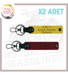 Sarı-Bordo, Motor Tutkunlarına, İsim Plaka ve A Rh (-) Kan Grubu Yazılı Özel Üretim 2'li Anahtarlık