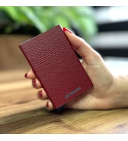 Mekanizmalı Kartlık Rfid Korumalı Alüminyum Otomatik Mekanizmalı Kredi Kartlık Desenli Klasik Bordo Deri