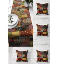 Pelangi Yaz Evi Desenli Patchwork Masa Değişik Ranır Modelleri Dekoratif 4'lü Kırlent Kılıfı Runner Seti, Kiremit 45 x 45