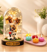 Kişiye Özel Yazılı 3 Fotoğraflı LED Işıklı Fanus (pandalı) ve 5'li Kokulu Makaron Mum