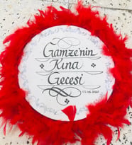 İsim Yazılı Gelin Tefi, Tüylü, Zilli Deri Def Kına Gecesi, Kırmızı, Bordo, Mavi, Mor,  28 cm çap