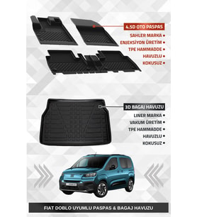 Sahler Fiat Doblo 2023+ Uyumlu 4.5D Premium Havuzlu Oto Paspas Ve Liner Marka 3D Bagaj Havuzu