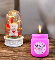 Led Işıklı Tasarım Fanus ve Mis Kokulu Pembe Cam Mum Hediye Seti (Model 3)
