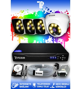 PICAM 4 Kameralı Kare 1 İç Kamera Set 320 GB HDD Full HD Renkli Gece Görüşlü Güvenlik Kamerası Sistemi (Beyaz)