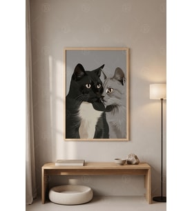 Sıcacık An Kedi Çifti Ahşap Çerçeveli Duvar Tablosu