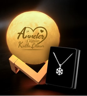 Anneler Gününe Özel 3D Ay Şeklinde Dekoratif Gece Lambası (Standlı) & Kar Tanesi Kolye
