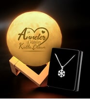 Anneler Gününe Özel 3D Ay Şeklinde Dekoratif Gece Lambası (Standlı) & Kar Tanesi Kolye