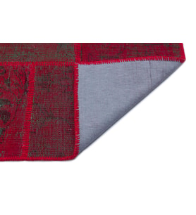 Kırmızı Salon Halısı Modern Geometrik Patchwork Desenli Yün El Dokuma Dekoratif Halı