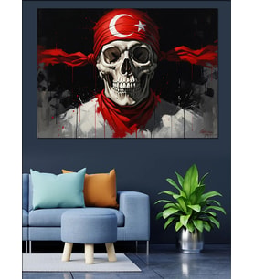 Türk Bayraklı Ve Kırmızı Atkılı İskelet Dekoratif Kanvas - Mdf Ahşap Tablo