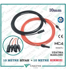Güneş Paneli Uzatma Kablosu (10m+10m) 20 Metre 10mm Çift Taraflı Hazır Soketli Solar Ara Kablo Siyah Kırmızı (Siyah-Kırmızı)