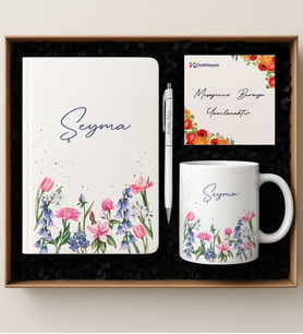 BK Gift Kişiye Özel İsimli Çiçek Tasarımlı Defter & Kupa & Kalem Hediye Seti-1, Arkadaş Hediye, Sevgiliye Hediye, Eşe Hediye