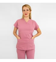 Unisex Koyu Pudra Esnek  Likralı Doktor Hemşire Aşçı Scrubs Cerrahi Tek Üst Forma