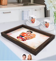 BK Gift Kişiye Özel İsimli Sevgililer Karikatürlü Doğal Ahşap Tepsi ve 2’li Kahve Fincan Seti-54