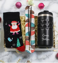 Kişiye Özel Siyah Geometrik Termos & Tütsü & Çorap Yılbaşı Noel Hediye Seti