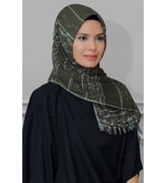 Haki Pratik Hazır Geçmeli Tesettür Eşarp Kesik Elyaf Piliseli Çizgili Desenli 1818D2_09