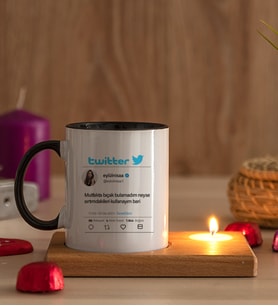 Kişiye Özel Twitter Tasarım Fotoğraflı Ahşap Altlıklı Mumlu Siyah Kupa