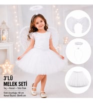 Çocuk Beyaz Melek Kostüm Seti - Melek Kanadı, Taç Ve Tütü Etek 3 lü Set