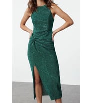 Moda Stil Fitted Halter Yaka Midi Boy Vücuda Oturan Örme Parıltılı Pul Payet Şık Abiye Elbise (Siyah)