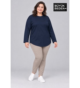 Süperlife Kadın Büyük Beden Bisiklet Yaka Süprem İnce Uzun Kollu Oval Etek Tişört SPR26BTSK943